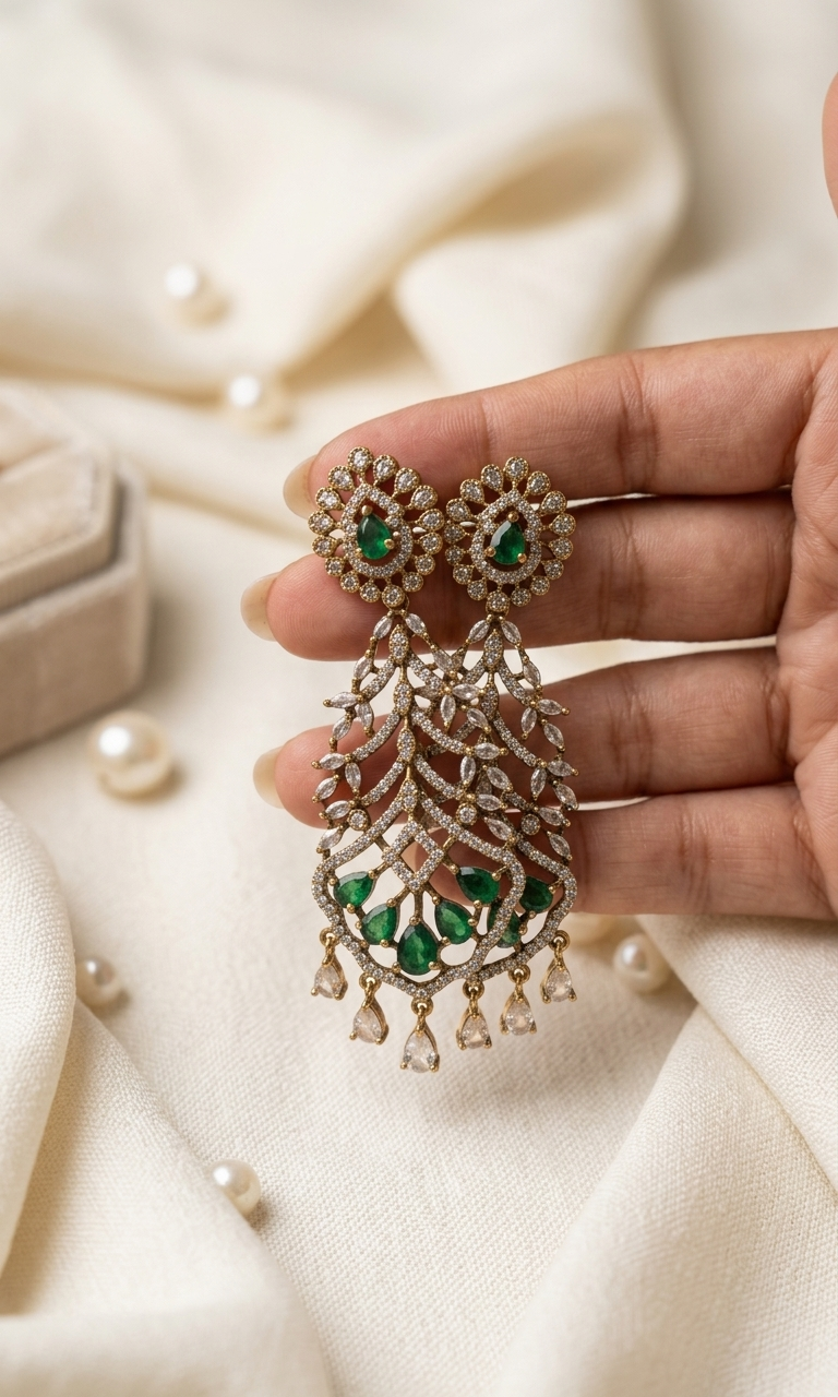 Emerald Willow Drop Earrings | Gold Silver Plated AD Stone Earrings for Women