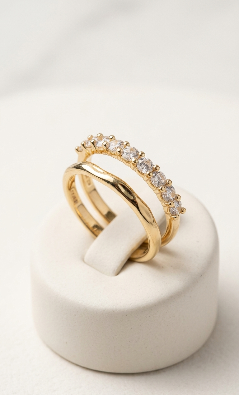 Gold ring with embedded diamonds on a white stand against a light background