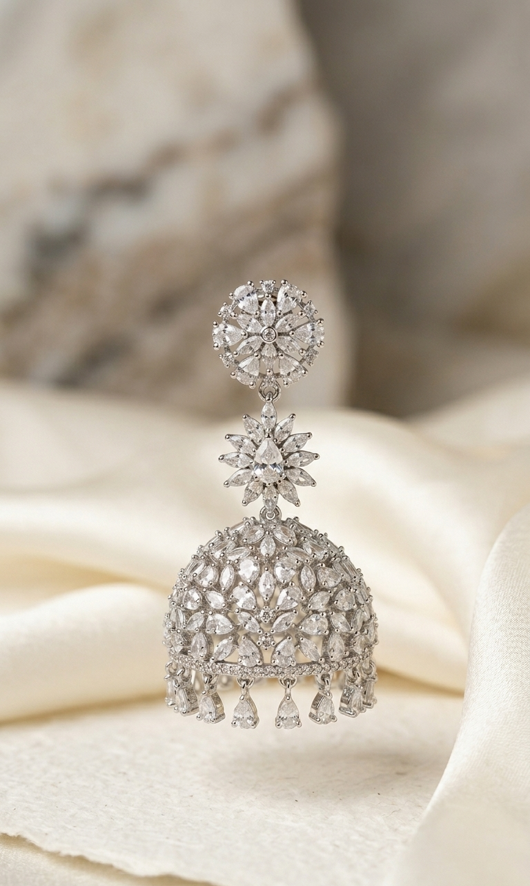 Empress Bloom AD Jhumka | Silver Plated American Diamond Jhumka Earrings for Women