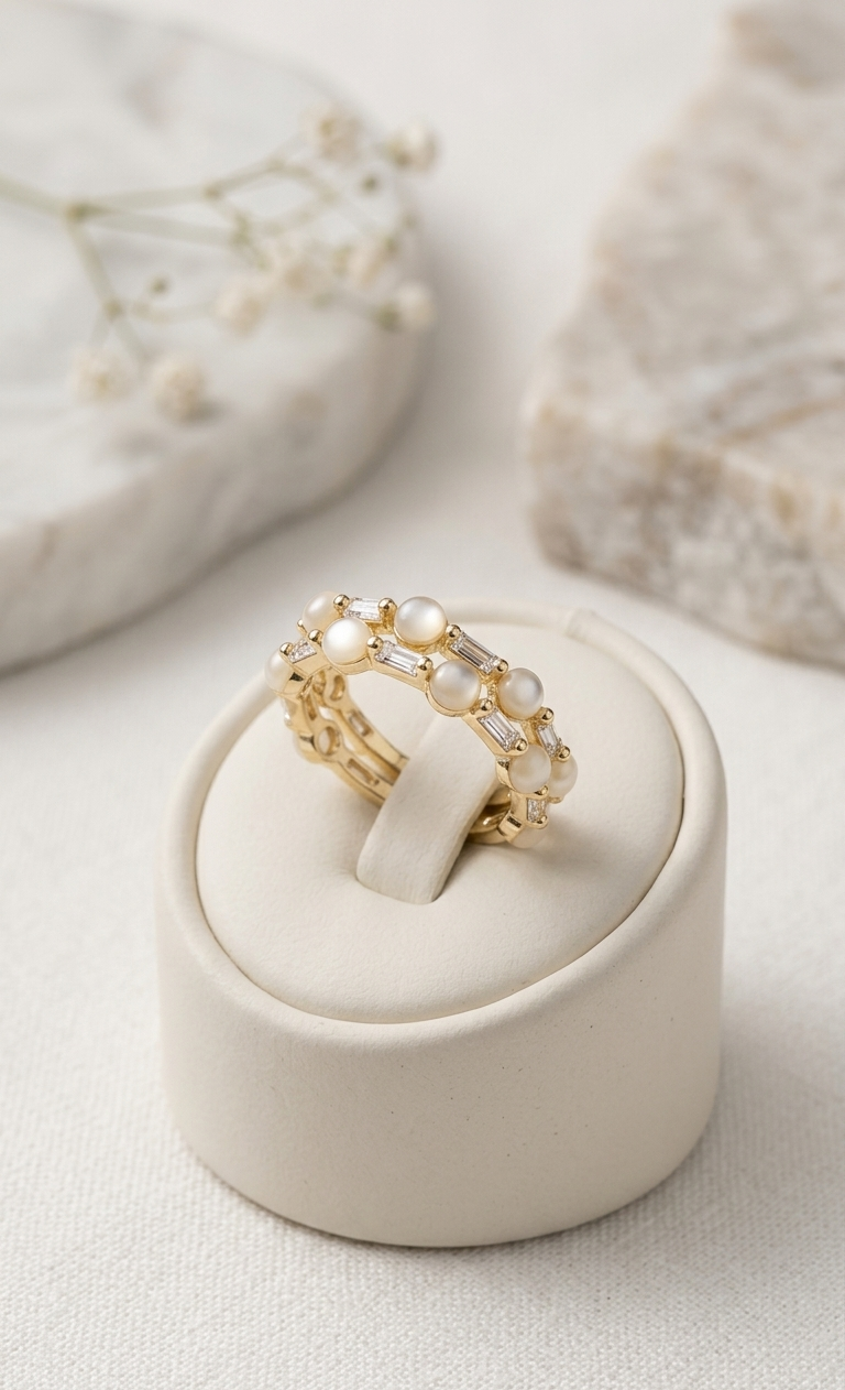 Gold ring with pearls on a white jewelry box against a light background