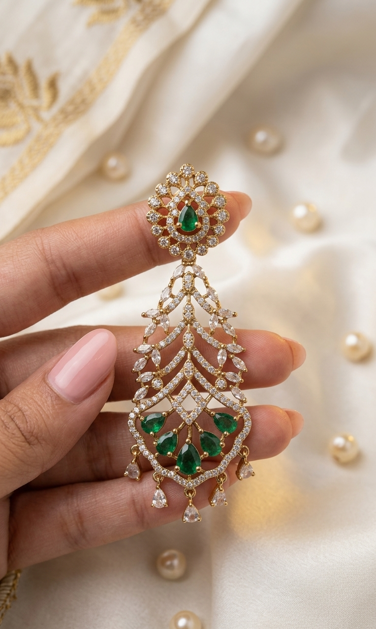 Emerald Willow Drop Earrings | Gold Silver Plated AD Stone Earrings for Women