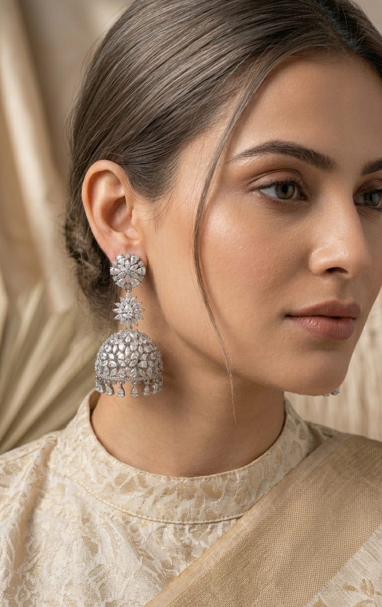 Empress Bloom AD Jhumka | Silver Plated American Diamond Jhumka Earrings for Women