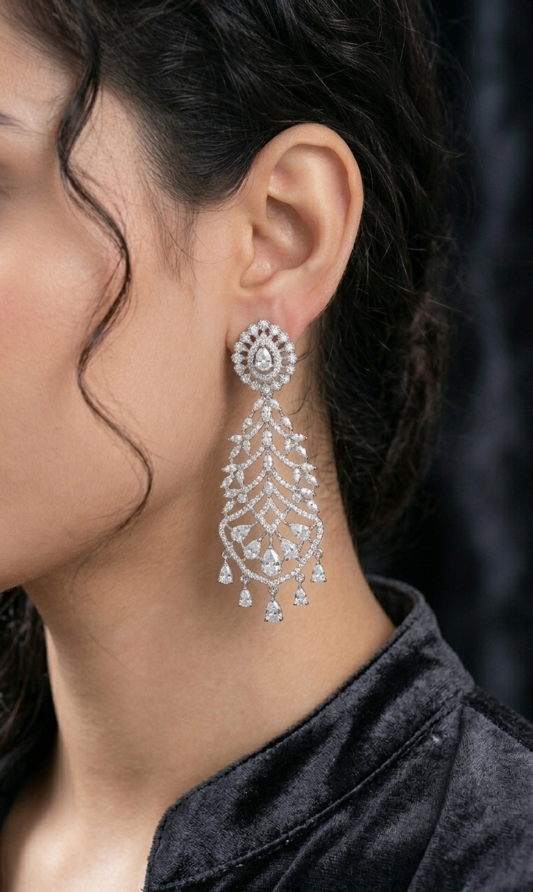 Emerald Willow Drop Earrings | Gold Silver Plated AD Stone Earrings for Women