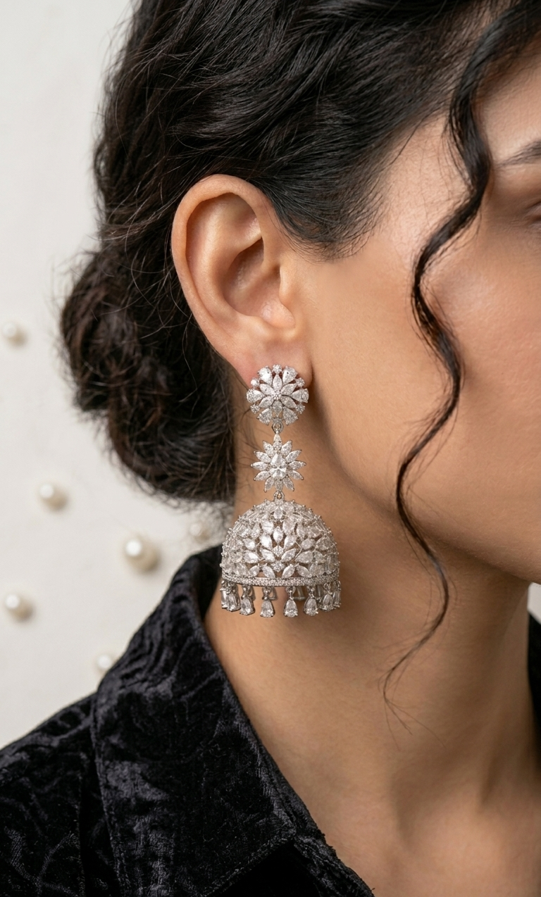 Empress Bloom AD Jhumka | Silver Plated American Diamond Jhumka Earrings for Women