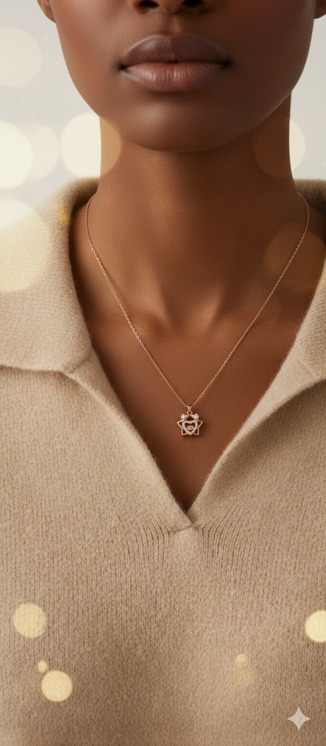 Necklace with a pendant worn by a person in a beige sweater against a blurred background