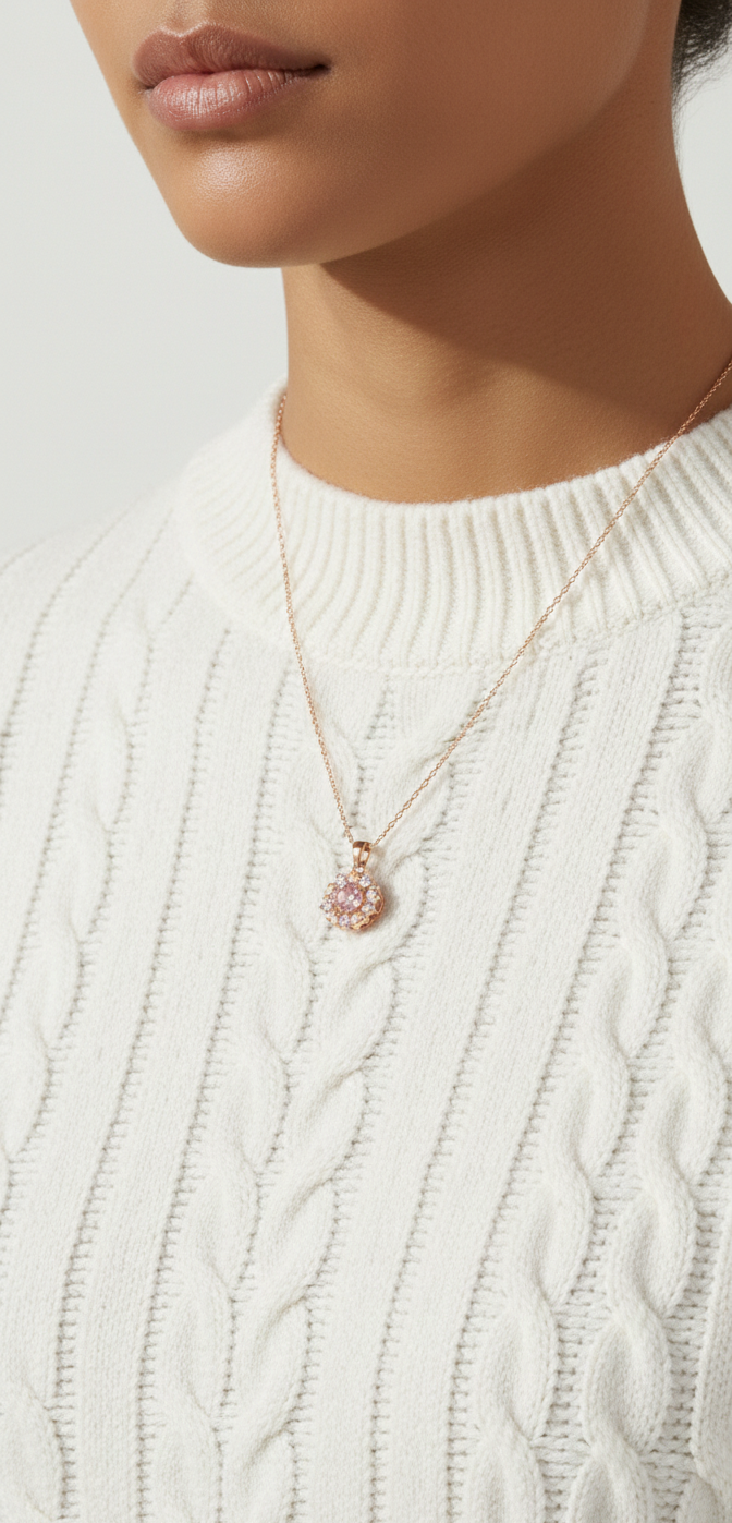 Necklace with a pink pendant worn by a person in a white cable knit sweater.