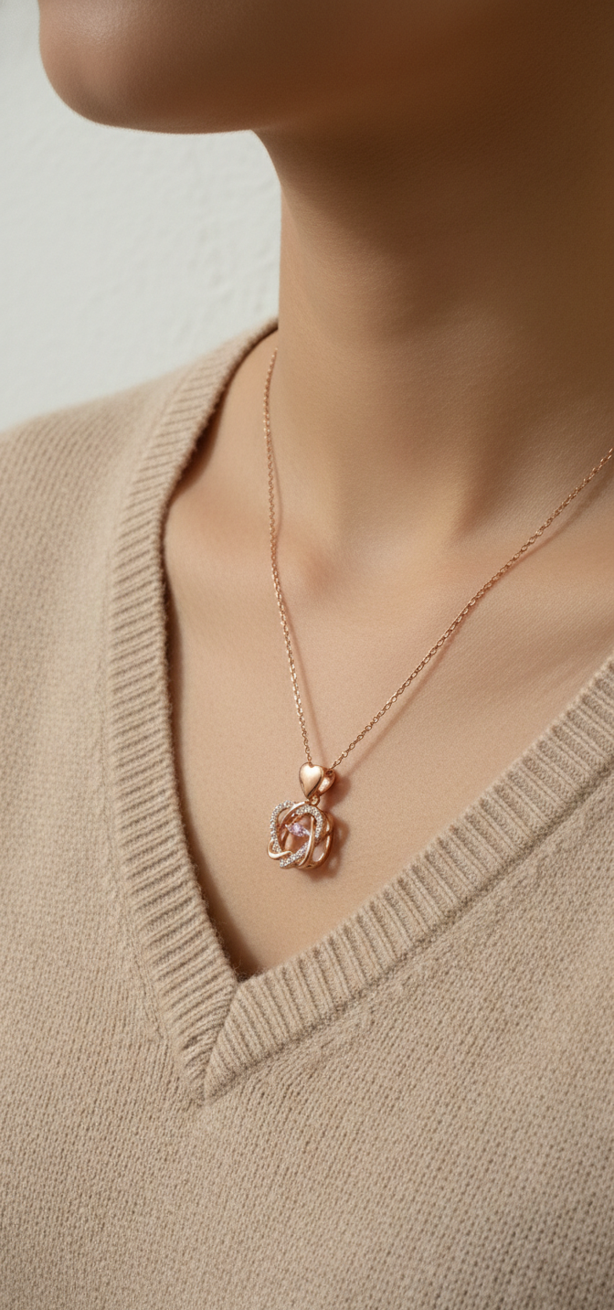 Necklace with a delicate pendant worn by a person in a beige sweater.